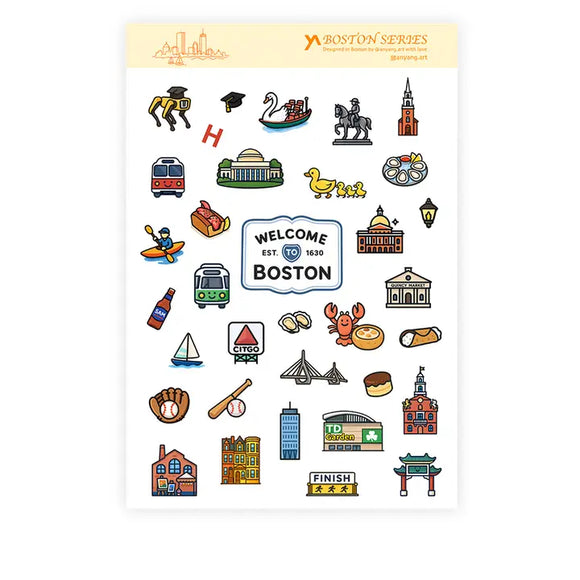 Boston themed sticker sheet on a white background