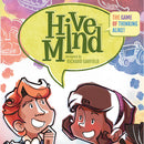 Hive Mind 2nd Edition game box featuring two cartoon characters engaged in a fun conversation. The title prominently displayed in bold green text, with a speech bubble stating 'THE GAME OF THINKING ALIKE!'. Colorful illustrations in the background create a lively atmosphere, inviting players to join in the fun of thinking collaboratively.