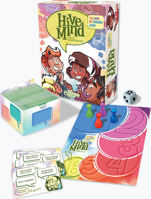 Hive Mind 2nd Edition board game by Calliope, featuring colorful packaging with characters, a set of question cards, a game board marked with numbers, player pawns in various colors, and a die. Ideal for group play, promoting teamwork and communication.
