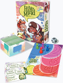 Hive Mind 2nd Edition board game by Calliope, featuring colorful packaging with characters, a set of question cards, a game board marked with numbers, player pawns in various colors, and a die. Ideal for group play, promoting teamwork and communication.