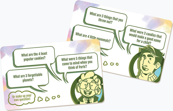Hive Mind 2nd Edition game cards featuring playful questions such as "What are 4 least popular cookies?" and "What were 5 things that come to mind when you think of Paris?". The design includes colorful speech bubbles with cartoon characters engaging in conversation.