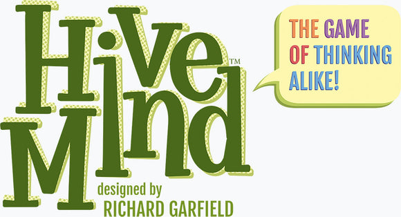 Hive Mind 2nd Edition game by Calliope, designed by Richard Garfield. The logo features the playful title 'Hive Mind' with a tagline 'The Game of Thinking Alike!' emphasizing collaboration and fun. The design includes vibrant colors and fun typography.