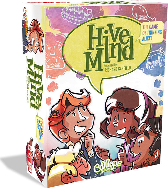 Hive Mind 2nd Edition board game by Calliope, featuring colorful artwork and playful characters engaged in a conversation, centered around the title logo. This game encourages players to think alike and collaborate.