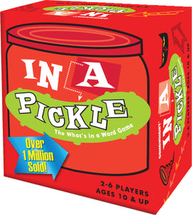 The product 'In a Pickle' by Gamewright is a box game featuring bright colors and playful graphics. The box is designed like a jar of pickles, prominently displaying the title 'IN A PICKLE' alongside the tagline 'The What's in a Word Game.' It includes a badge stating 'Over 1 Million Sold!' and information about player count (2-6 players) and age suitability (ages 10 and up). The vibrant packaging is eye-catching and designed to appeal to both kids and adults.