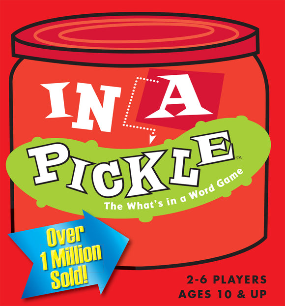 The game 'In a Pickle' by Gamewright features a vibrant red jar design with the game title prominently displayed in bold letters. A blue starburst on the left side highlights that over 1 million copies have been sold. The jar is labeled as suitable for 2-6 players, ages 10 and up.