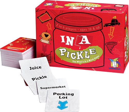 In a Pickle game by Gamewright, featuring a colorful box with a jar graphic and a stack of word cards. A playful game that challenges players to think creatively about words and their meanings, suitable for 2 to 6 players ages 10 and up.