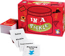 In a Pickle game by Gamewright, featuring a colorful box with a jar graphic and a stack of word cards. A playful game that challenges players to think creatively about words and their meanings, suitable for 2 to 6 players ages 10 and up.