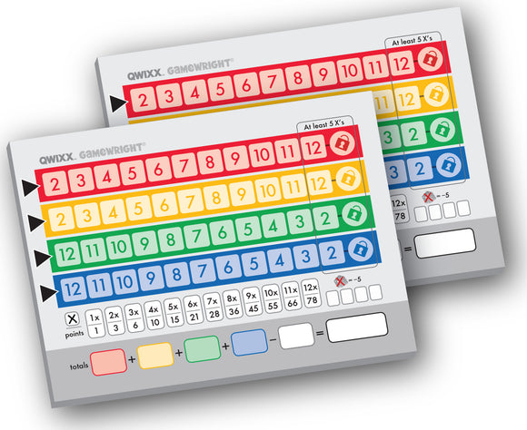 Two QWIXX score pads from Gamewright, featuring colorful columns for scoring points with numbers 2 to 12, along with spaces for calculating totals and additional scoring notes.