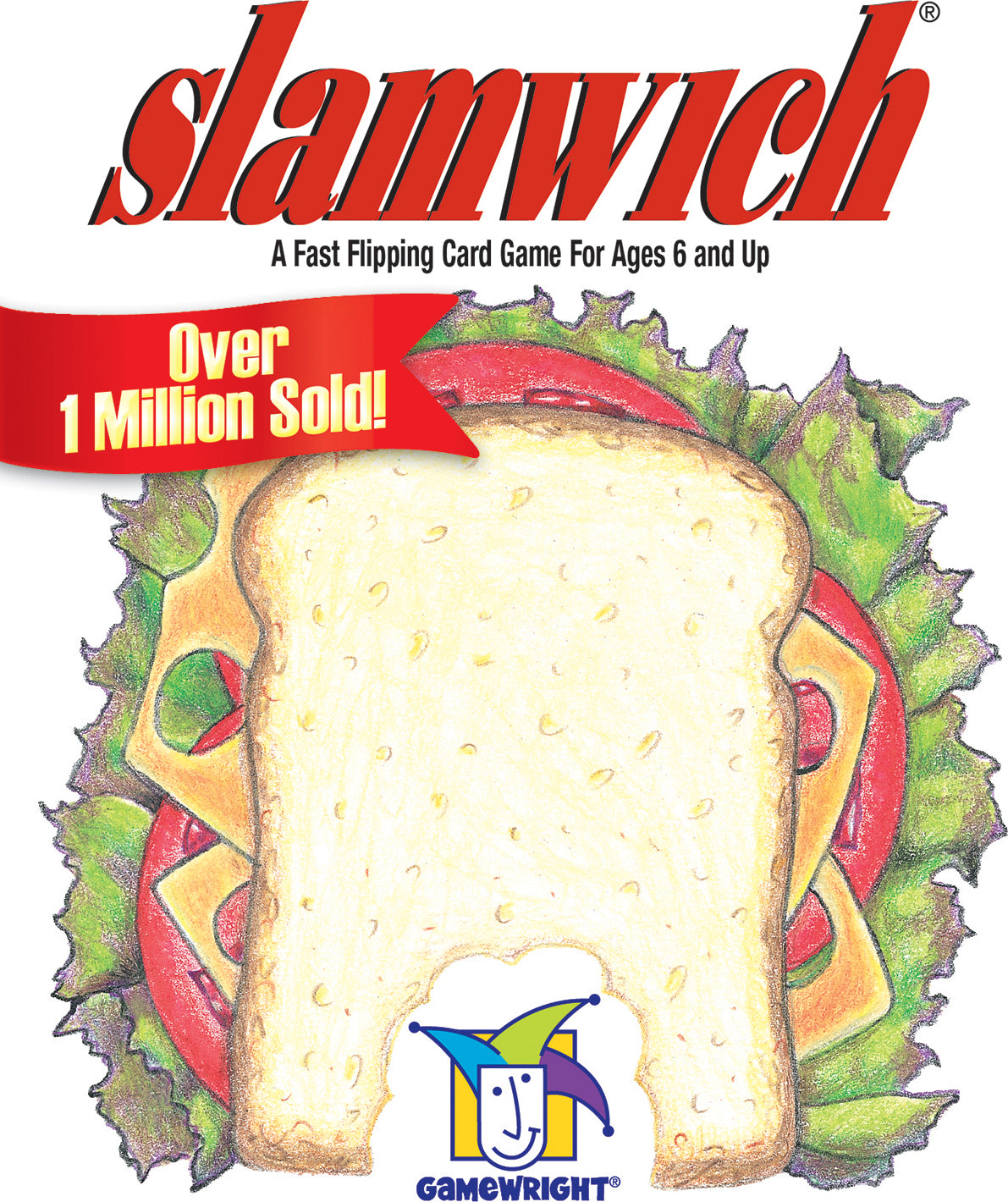 Slamwich card game by Gamewright, featuring colorful illustrations of sandwich ingredients like lettuce, tomato, and cheese on the packaging. The title is prominently displayed, suggesting it's a fast-flipping card game for ages 6 and up, with a banner highlighting that over 1 million copies have been sold. The Gamewright logo appears at the bottom.