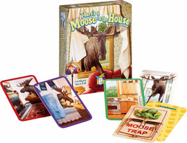 The game 'There's a Moose in the House' by Gamewright features a colorful box with a moose peering through a window. The set includes various cards depicting humorous situations of the moose in a living space, showcasing different rooms with the moose causing playful chaos. Ideal for family game nights, supporting 2 to 6 players aged 6 and up.