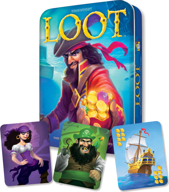 A colorful board game titled 'Loot' by Gamewright, featuring a pirate theme. The tin box shows a pirate character holding gold coins, surrounded by illustrated character cards of a pirate woman, a bearded pirate, and a ship. The visuals highlight the adventurous and fun atmosphere of the game, enticing players to engage in pirate treasure hunting.