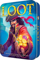 Loot is a card game created by Gamewright featuring vibrant artwork of a pirate holding gold coins and jewels. The packaging is an illustrated metal tin showcasing the game's title in bold letters, emphasizing a fun theme suitable for 2-8 players aged 10 and up. The pirate's adventurous pose adds to the excitement of plundering and treasure hunting.