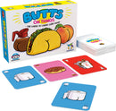 Butts on Things card game by Gamewright featuring a colorful box design with a taco and peach illustration showing humorous images. The game cards display quirky illustrations of food items and playful designs, perfect for family game night and gatherings.