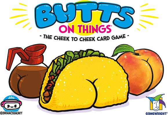 Butts on Things card game by Gamewright featuring playful illustrations of a peach, a taco, and a coffee pot each with cartoonish butt shapes. The title 'Butts on Things - The Cheek to Cheek Card Game' is prominently displayed.