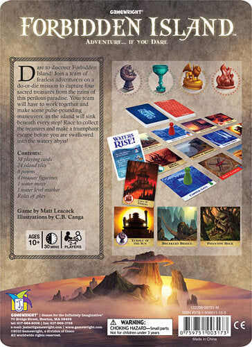 The back of the Forbidden Island board game from Gamewright, depicting game components and instructions. The design includes illustrations of various treasures, player pieces, and a flooded island theme. It shows a group of adventurers working together to collect treasures while avoiding rising waters. The box features detailed graphics, vibrant colors, and a warning about small parts, suitable for ages 10 and up, designed for 2 to 4 players.