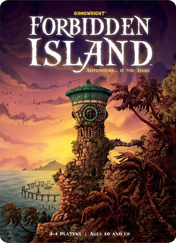 The game Forbidden Island by Gamewright features a colorful cover art depicting a mysterious island with a lighthouse, tropical vegetation, and a sunset background. Designed for 2-4 players, the game invites players aged 10 and above on an adventurous journey to treasure hunting and strategic gameplay. The title is prominently displayed at the top.
