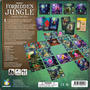 Forbidden Jungle board game by Gamewright featuring a colorful, jungle-themed layout. The game components include various cards, miniatures, and game pieces set on a vibrant board. Players must navigate through spider-like aliens and overgrown portals to make their escape from an abandoned spaceport. The game is suitable for 2-5 players ages 10 and up, with a duration of approximately 45 minutes.