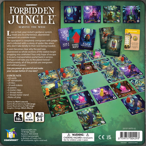 Forbidden Jungle board game by Gamewright featuring a colorful, jungle-themed layout. The game components include various cards, miniatures, and game pieces set on a vibrant board. Players must navigate through spider-like aliens and overgrown portals to make their escape from an abandoned spaceport. The game is suitable for 2-5 players ages 10 and up, with a duration of approximately 45 minutes.