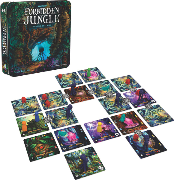 Forbidden Jungle: Survive The Wild game by Gamewright. The game features vibrant, colorful cards depicting a dense jungle environment. Player tokens in various colors are placed on the cards, representing different actions and gameplay mechanics. The game box displays an artistic jungle scene, enhancing the adventure theme.