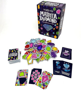 The Curse of Maldita Diamond game from Gamewright, featuring a colorful box adorned with sparkling diamond graphics. The contents include various gem-themed cards and tokens, with vibrant designs in shades of green, pink, and blue. Perfect for fast-paced gaming sessions.