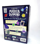 The Curse of the Maldita Diamond game box featuring colorful illustrations of gems and cards. The back of the box outlines gameplay instructions, highlighting the fast-paced race to grab matching gems while avoiding the curse of the Maldita Diamond. Suitable for 2-6 players aged 8 and up, with a total playtime of about 20 minutes.