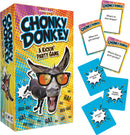 Chonky Donkey party game by Gamewright, featuring a colorful box with a cheerful donkey wearing sunglasses. The box displays humorous phrases and includes game cards with questions like 'What are you eating?' and 'What’s in that diaper?' designed for laughter and fun among players.