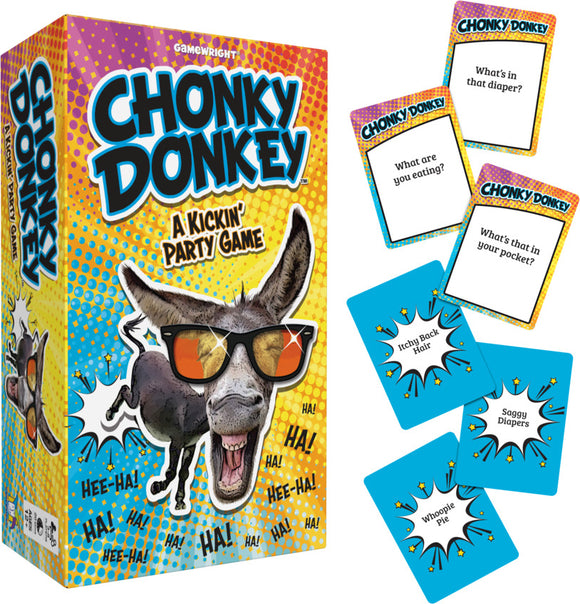 Chonky Donkey party game by Gamewright, featuring a colorful box with a cheerful donkey wearing sunglasses. The box displays humorous phrases and includes game cards with questions like 'What are you eating?' and 'What’s in that diaper?' designed for laughter and fun among players.