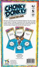 Chonky Donkey party game by Gamewright, featuring colorful cards and a humorous theme. The box includes question and answer cards designed for engaging group play among 3-8 players aged 12 and up. Instructions suggest a fun activity of trying not to laugh while playing.