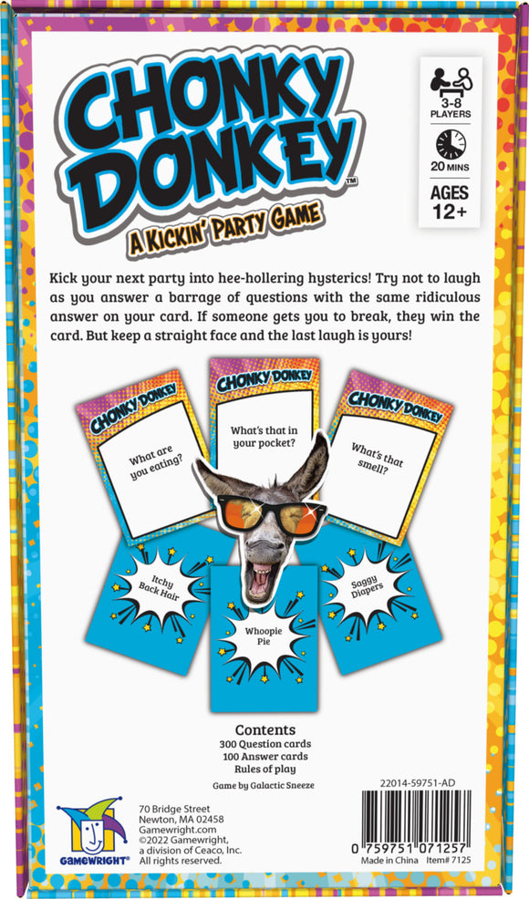 Chonky Donkey party game by Gamewright, featuring colorful cards and a humorous theme. The box includes question and answer cards designed for engaging group play among 3-8 players aged 12 and up. Instructions suggest a fun activity of trying not to laugh while playing.