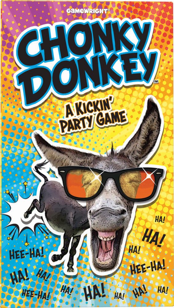 Chonky Donkey is a lively party game by Gamewright, featuring a cartoon donkey wearing sunglasses and laughing. The colorful package design includes vibrant pop art elements, exclaiming 'Hee-Ha!' and 'Ha!' against a backdrop of bright colors. Perfect for game nights with friends and family, this game promises fun and laughter.