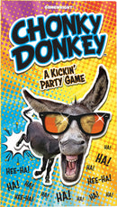 Chonky Donkey is a lively party game by Gamewright, featuring a cartoon donkey wearing sunglasses and laughing. The colorful package design includes vibrant pop art elements, exclaiming 'Hee-Ha!' and 'Ha!' against a backdrop of bright colors. Perfect for game nights with friends and family, this game promises fun and laughter.