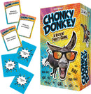 Chonky Donkey party game box featuring a cartoon donkey wearing sunglasses, with colorful graphics. Various cards are displayed, asking humorous questions like 'What's that in your pocket?' and 'What are you eating?'