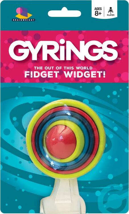 GYRiNGS by Brainwright is a colorful fidget toy designed for stress relief and sensory engagement. It features concentric rings in vibrant red, blue, and green colors on a white handle, promoting focus and relaxation for users aged 8 and up.