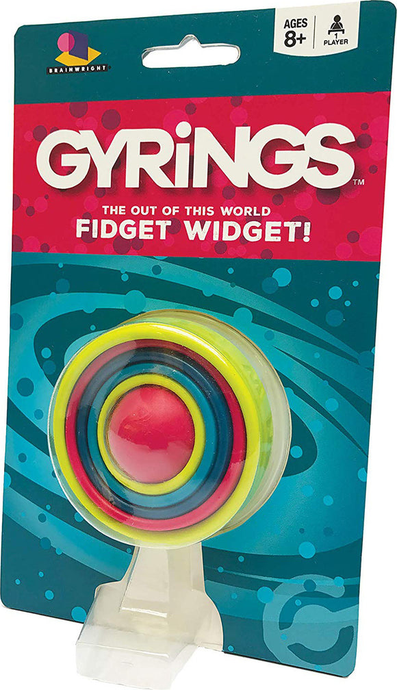 GYRiNGS by Brainwright is a colorful fidget widget designed for ages 8 and above. The product features a vibrant circular design with multiple rings in bright colors that can be rotated. It is packaged attractively, making it ideal for stress relief and sensory stimulation.