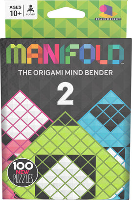 Manifold Origami Mind Bender 2 packaging featuring vibrant geometric designs in various colors. It emphasizes 100 new puzzles and is suitable for ages 10 and up. The Brainwright logo is visible at the top.