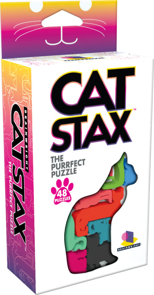 Cat Stax 2023 by Brainwright is a mechanical puzzle featuring 48 uniquely shaped pieces in vibrant colors stacked to create a cat silhouette. The box showcases playful graphics with a cat face design and emphasizes its creative puzzle experience, perfect for puzzle enthusiasts and cat lovers alike.