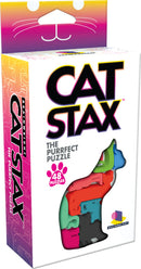 Cat Stax 2023 by Brainwright is a mechanical puzzle featuring 48 uniquely shaped pieces in vibrant colors stacked to create a cat silhouette. The box showcases playful graphics with a cat face design and emphasizes its creative puzzle experience, perfect for puzzle enthusiasts and cat lovers alike.