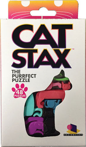 Cat Stax 2023 by Brainwright is a colorful mechanical puzzle featuring 48 unique cat-shaped pieces. The packaging showcases a vibrant design with a playful cat silhouette, perfect for puzzle enthusiasts looking for a fun and challenging experience.