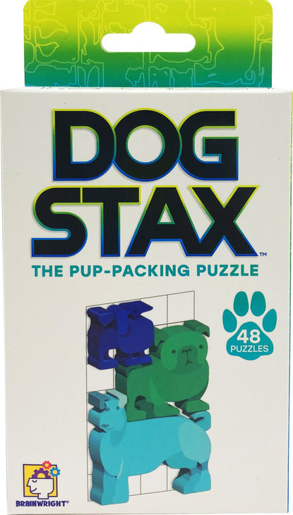 Dog Stax 2023 by Brainwright is a mechanical puzzle featuring colorful dog-shaped pieces designed for stacking. The packaging showcases a playful design with various dogs in blue and green colors, highlighting the creative and engaging nature of this puzzle. Perfect for puzzle lovers, it includes 48 unique challenges that promote problem-solving skills and offer hours of fun.