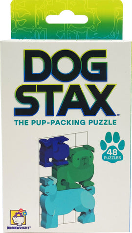 Dog Stax 2023 by Brainwright is a mechanical puzzle featuring colorful dog-shaped pieces designed for stacking. The packaging showcases a playful design with various dogs in blue and green colors, highlighting the creative and engaging nature of this puzzle. Perfect for puzzle lovers, it includes 48 unique challenges that promote problem-solving skills and offer hours of fun.