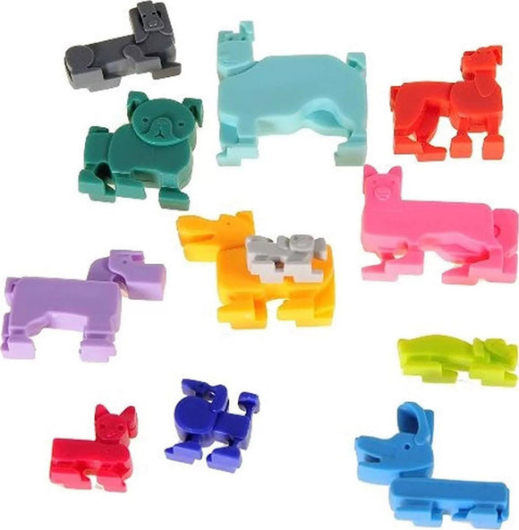 A colorful assortment of 12 mechanical dog-shaped puzzle pieces in various colors including turquoise, red, purple, and yellow. Each piece has a unique design, showcasing different dog breeds and playful shapes. Ideal for engaging minds and enhancing problem-solving skills.