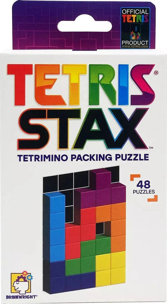 Tetris Stax by Brainwright is a colorful mechanical puzzle featuring Tetrimino shapes. The packaging showcases a vibrant arrangement of the pieces, emphasizing the 48 unique puzzles included in the set, designed for both fun and cognitive challenge.