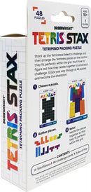 Tetris Stax by Brainwright is a mechanical puzzle game featuring 48 challenges. Players choose a puzzle, gather Tetrimino pieces, and arrange them to fit perfectly within a grid. The packaging showcases instructions and visual examples for gameplay, designed for ages 10 and above, and suitable for one player.