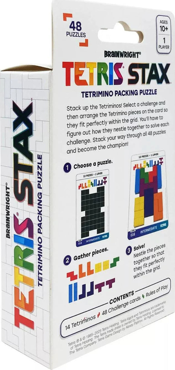 Tetris Stax by Brainwright is a mechanical puzzle game featuring 48 challenges. Players choose a puzzle, gather Tetrimino pieces, and arrange them to fit perfectly within a grid. The packaging showcases instructions and visual examples for gameplay, designed for ages 10 and above, and suitable for one player.