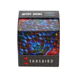 Shashibo The Chameleon mechanical puzzle by Geobenders, showcasing its vibrant multi-colored design. The cube features intricate patterns resembling iridescent scales that change appearance as it transforms into various shapes.