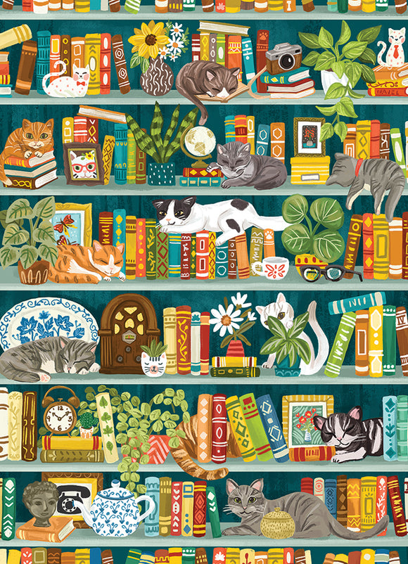 A colorful jigsaw puzzle featuring a whimsical illustration of a bookshelf filled with various books, plants, and playful cats. The design showcases cats lounging among the books, surrounded by decorative items like a teapot, a clock, and a vintage camera, creating a cozy, inviting scene that appeals to cat lovers and puzzle enthusiasts alike.
