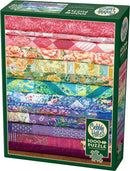 The Comfortable Rainbow jigsaw puzzle by Cobble Hill features an eye-catching design with an array of colorful fabric patterns arranged in a vibrant stack. This 1000-piece puzzle includes a poster for reference, perfect for both puzzle enthusiasts and casual hobbyists looking for a fun challenge.