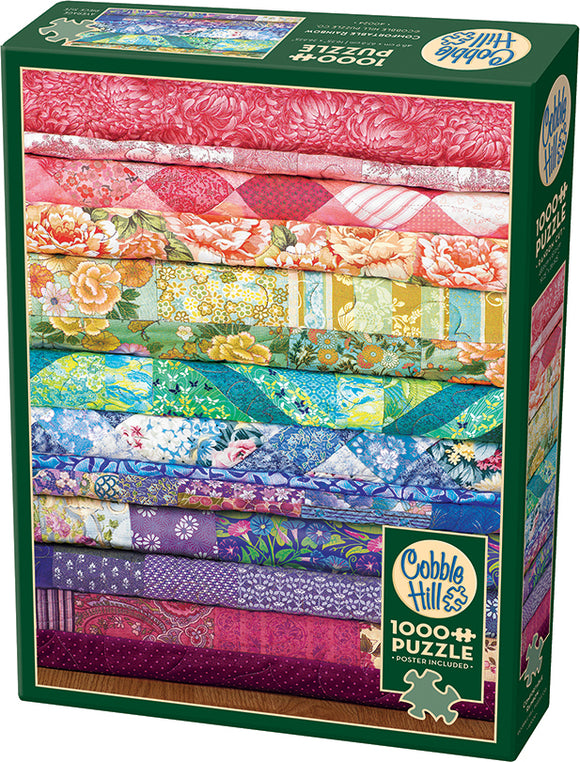 The Comfortable Rainbow jigsaw puzzle by Cobble Hill features an eye-catching design with an array of colorful fabric patterns arranged in a vibrant stack. This 1000-piece puzzle includes a poster for reference, perfect for both puzzle enthusiasts and casual hobbyists looking for a fun challenge.