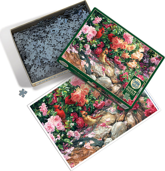 The Garden Wall jigsaw puzzle by Cobble Hill features an intricate illustration of a lush garden with vibrant flowers and colorful birds. The puzzle box is partially open, showcasing the numerous puzzle pieces inside and a colorful image of the completed puzzle on the lid.