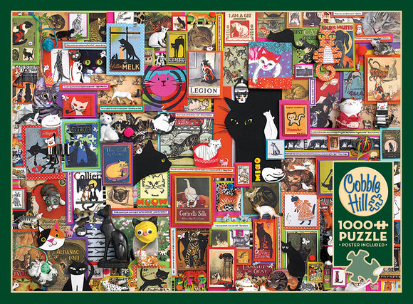 A colorful jigsaw puzzle titled 'Catsville' by Cobble Hill featuring a collage of various cat-themed illustrations, photographs, and whimsical elements. The puzzle consists of 1000 pieces and includes a poster. The vibrant design showcases numerous cats in different styles and poses, surrounded by playful graphics and text related to cats.